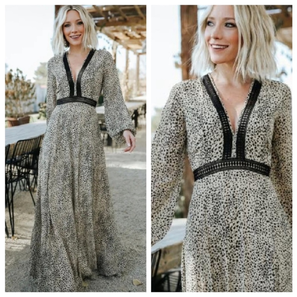 Baltic Born Long Sleeve Animal Print Maxi Dress in Beige and Black
